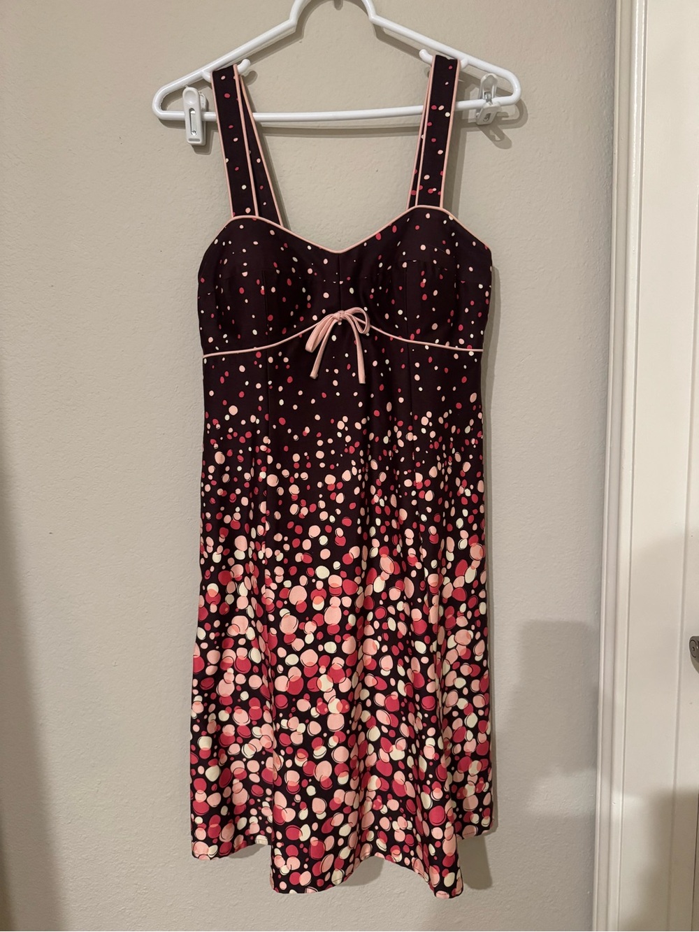 madison leigh Brown Midi Dress with Pink and Cream Polka Dots